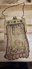 Art Deco Mesh Metal Frame Evening Bag Purse Gold Red Formal Chain Handle Ornate