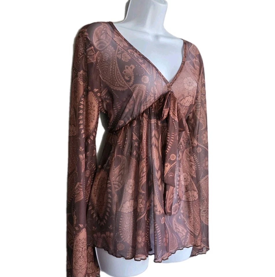 Y2K Babydoll Malha Transparente Top de Fada Marrom Paisley Mangas de Sino Whimsigoth GG - Imagem 3 de 4