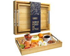 2-Piece Decorative Bamboo Serving Trays with Silver Stainless Steel Handles