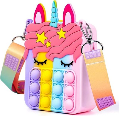 Regenbogen Einhorn Pop It Schultertasche Kinder Silikon Fidget Spielzeug Umhängetasche