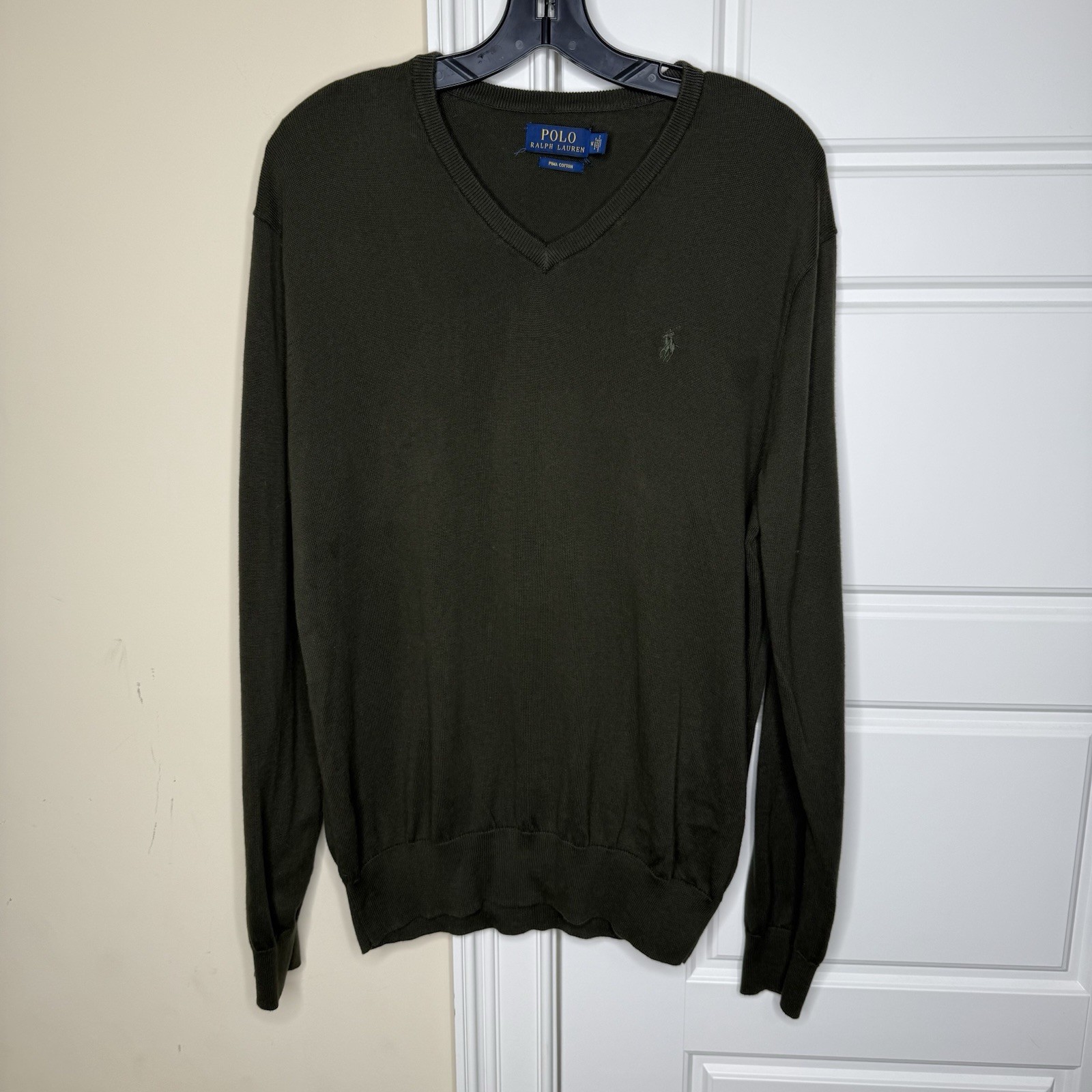 Polo Ralph Lauren Pima Cotton Sweater Men Medium V Neck Long Sleeve Forest Green thumbnail 2