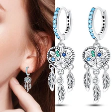 PANDACH 925 Sterling Silver Heart Dreamcatcher Dangle Earrings For Womren Gifts