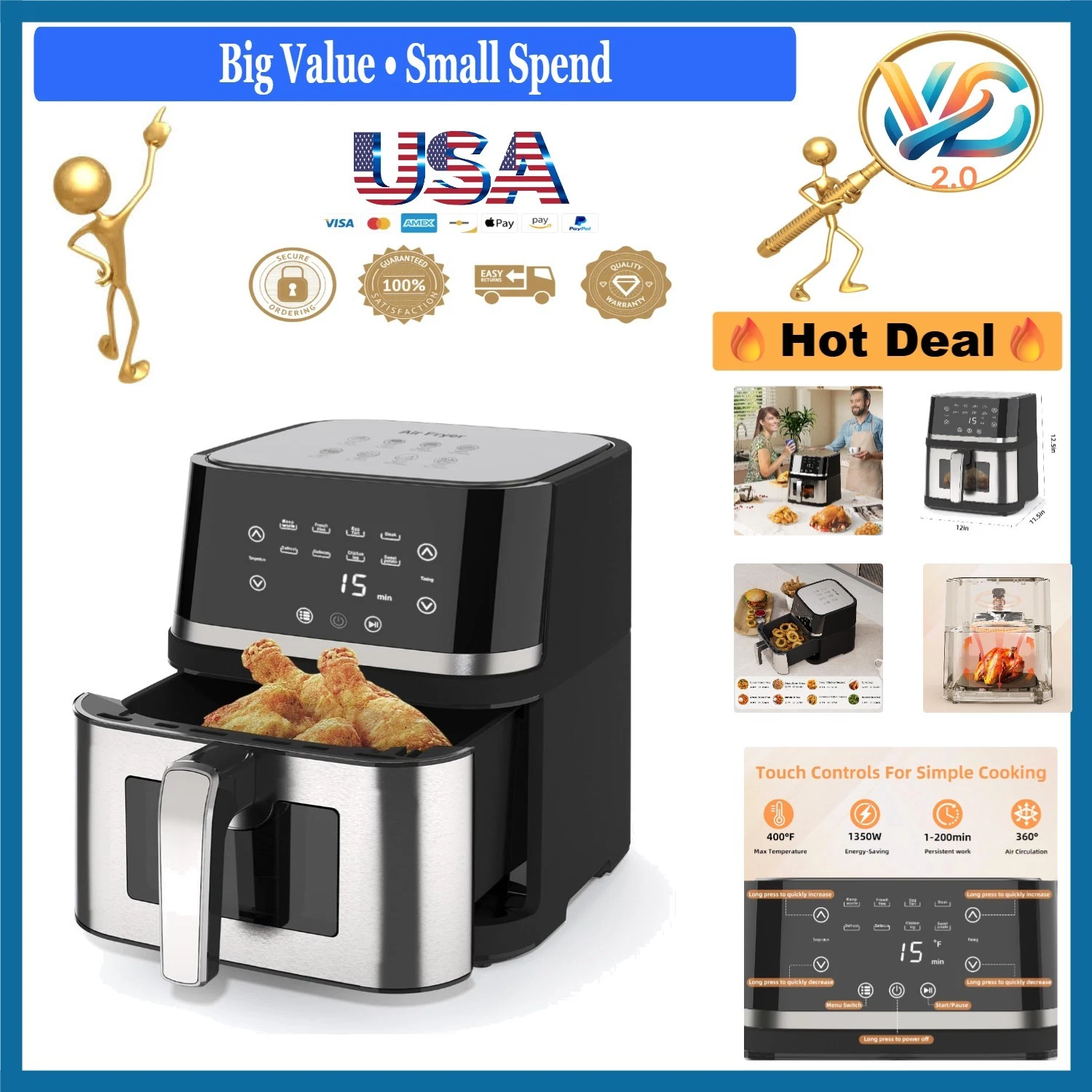 8Qt Stainless Steel Digital Air Fryer Touchscreen Window Nonstick Black
Opens in a new window or tab