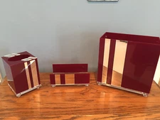 Vintage 3 Piece Maroon Mid Century Modern Hollywood Regency Lucite Bathroom Set 