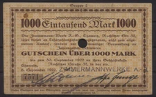 [26238] - Emergency money Chemnitz, Zimmermannwerke AG, 1000 Mark, 08.09.1922, Müller 80