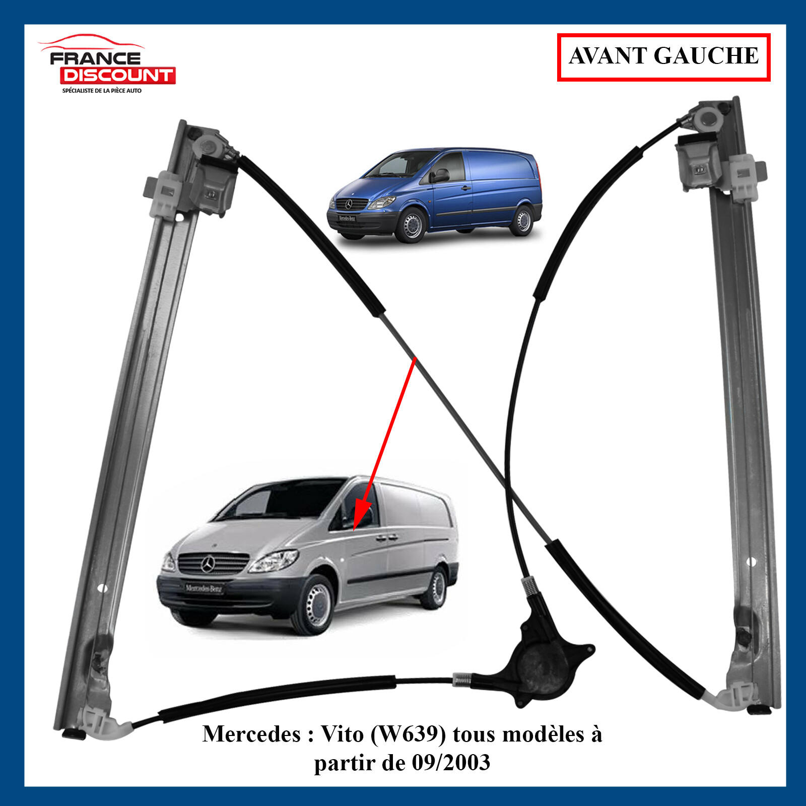 Mécanisme lève-vitre avant gauche pour Vito Viano W639 de 2003 à 2014 côté conducteur