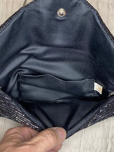 Walborg Beaded Black Evening Purse W/ Silver Chain Handle - Picture 3 of 7