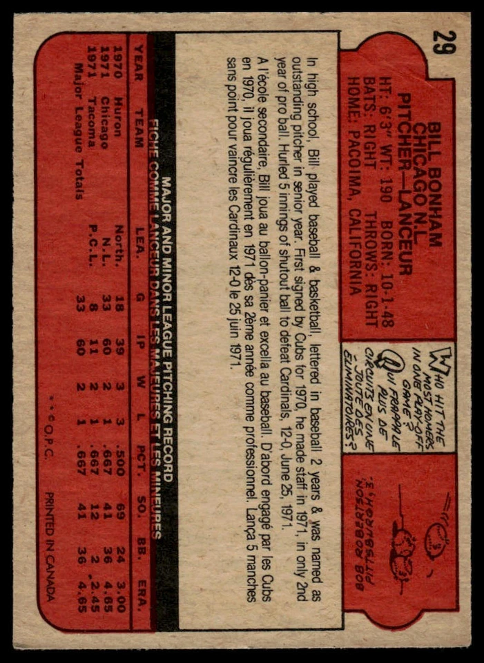 1972 O-Pee-Chee #29 Bill Bonham Yellow under C and S - Image 2 of 2