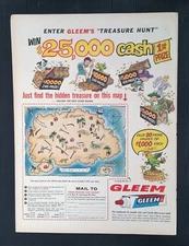 Vintage 1958 Gleem Toothpaste Treasure Hunt Contest Full Page Original Color Ad