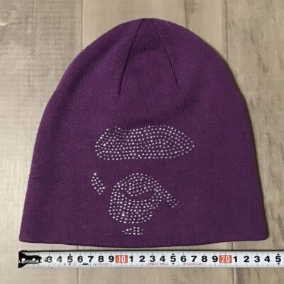 BAPE Crystal Stone APE FACE logo beanie knit cap Purple A Bathing