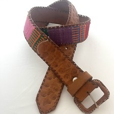 Vintage Colorful Woven Belt Guatemalan Serape 34 Leather Fabric Boho Unisex