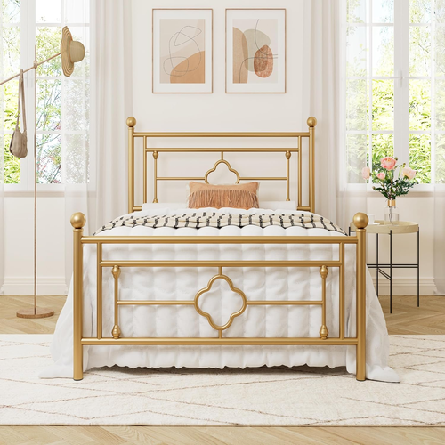 Twin Size Metal Platform Bed Frame with Victorian Vintage Headboard and Footboar