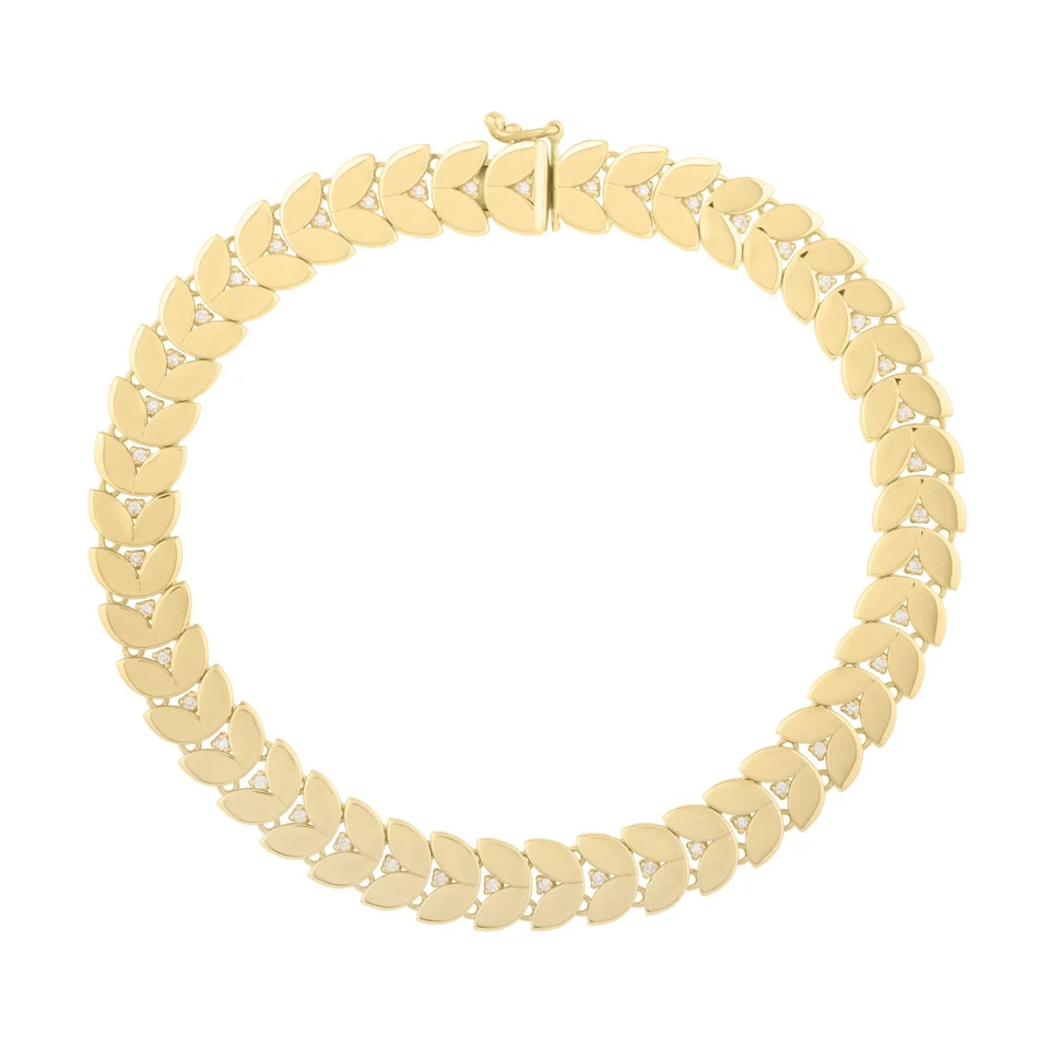 Brazalete de oro amarillo de 14k de 7,5" con eslabones de hoja de laurel Chevron de 0,12 quilates de diámetro 7 gr 7,5 mm