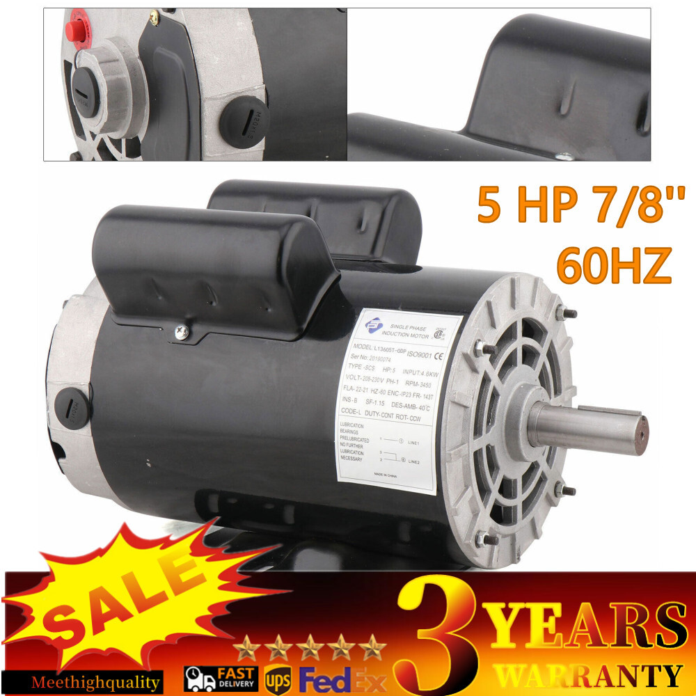 5 HP Air Compressor Electric Motor 208-230 V Single Phase 7/8
