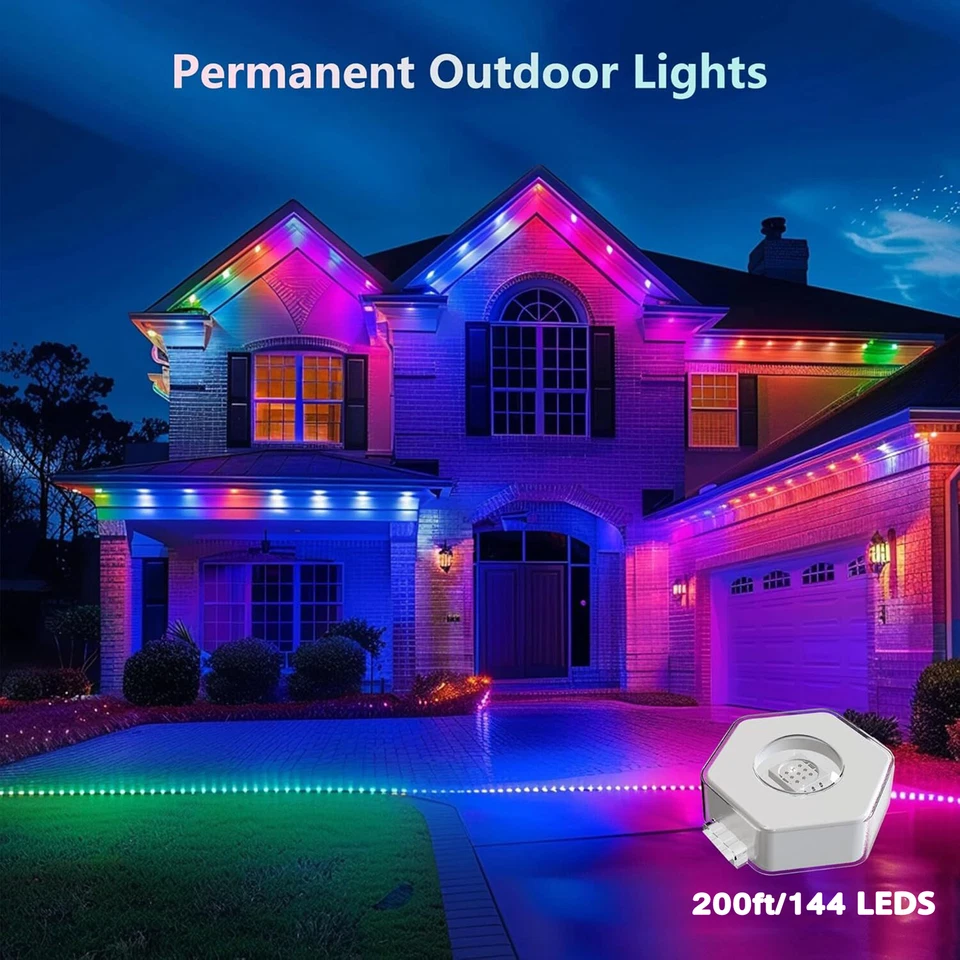 Luces exteriores permanentes 200 pies, luces exteriores inteligentes RGB impermeables con 144 LED Foto 3 de 4