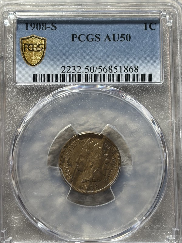 🔥1908 S PCGS AU50 Gold Shield Indian Head BEAUTIFUL COIN!!!!🔥