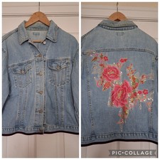 Embellished Denim Jacket Size M Floral Embroidery Sequin Applique Boho Festival