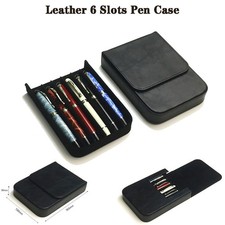 Leather 6 Slots Hard Fountain Pen Case Stationery Storage Box Organizer Black