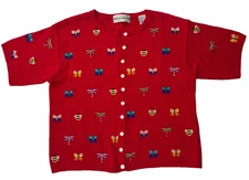 Marisa Christina Vintage Red Small Sweater Women's Bees Dragonfly Butterfly Knit