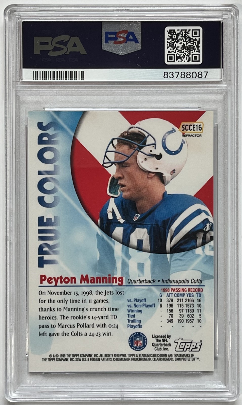 1999 Stadium Club Chrome True Colors Refractor #16 Peyton Manning PSA MINT 9 view 2