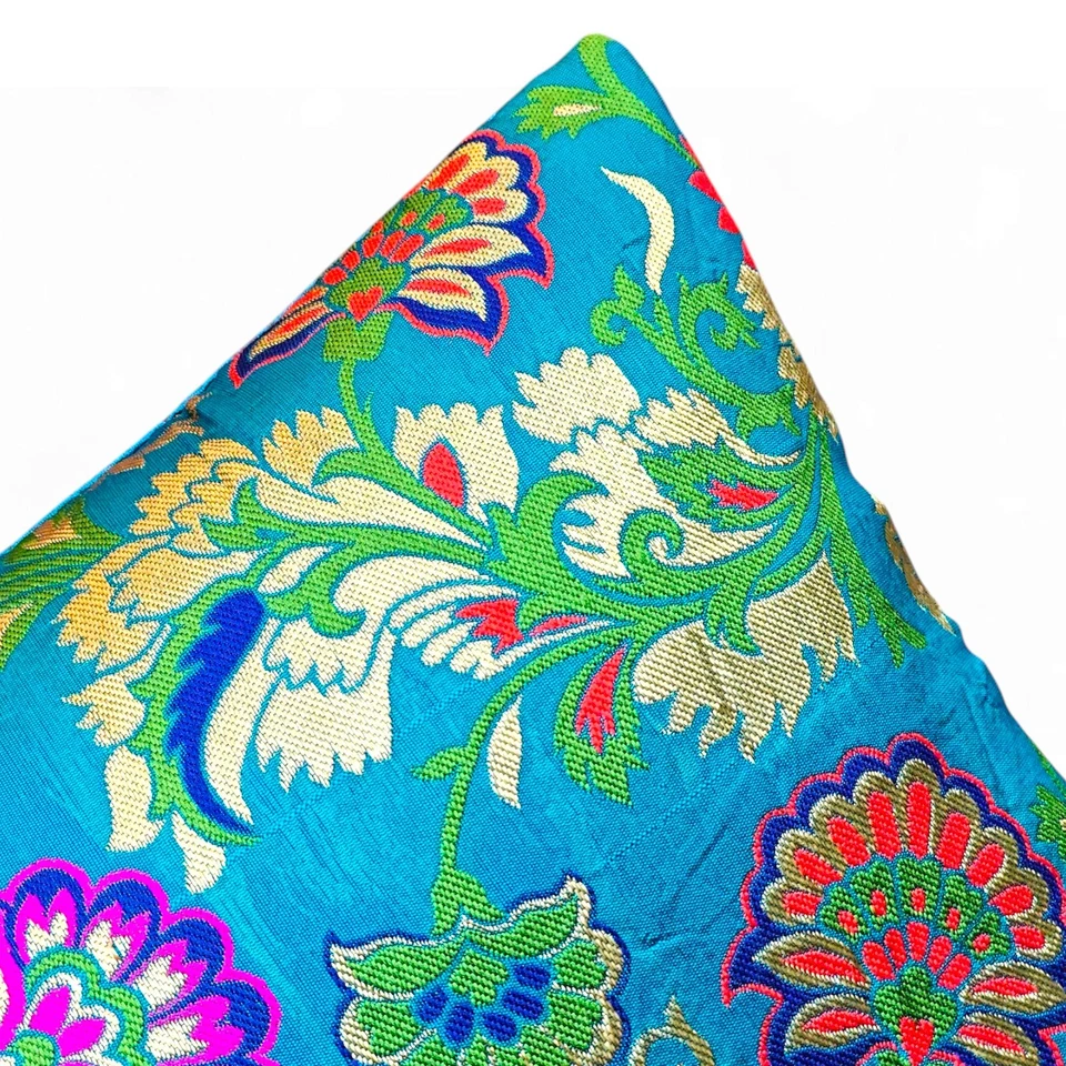 Funda de cojín de brocado de seda indio artesanal verde azulado étnico floral... - Imagen 2 de 4