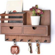 Rebee Vision Farmhouse Key Holder Wall Mount with 2 Drawer Organizer - Brown 