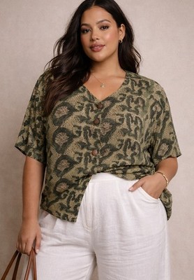 Vintage VOIR 2X Abstract Animal Print Blouse Button Front Earth Tone Textured