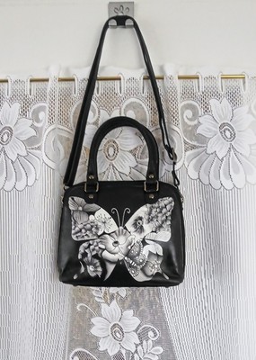 Damenhandtasche Marke ''Anuschka''  mit Schmetterlingsmotiv, schwarz/ weiss 