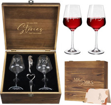 Mr and Mrs Wine Glass Gift Set with Opener Stopper and Wooden Box