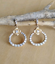 Designer Gold Plated 925 Sterling CZ Circle Flower Dangle Earrings Signed Petite