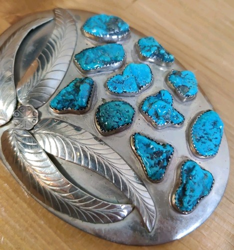 Vtg Native American Turquoise 4 Feathers Silver 4x3" Belt Buckle J Quirino - Picture 6 of 6