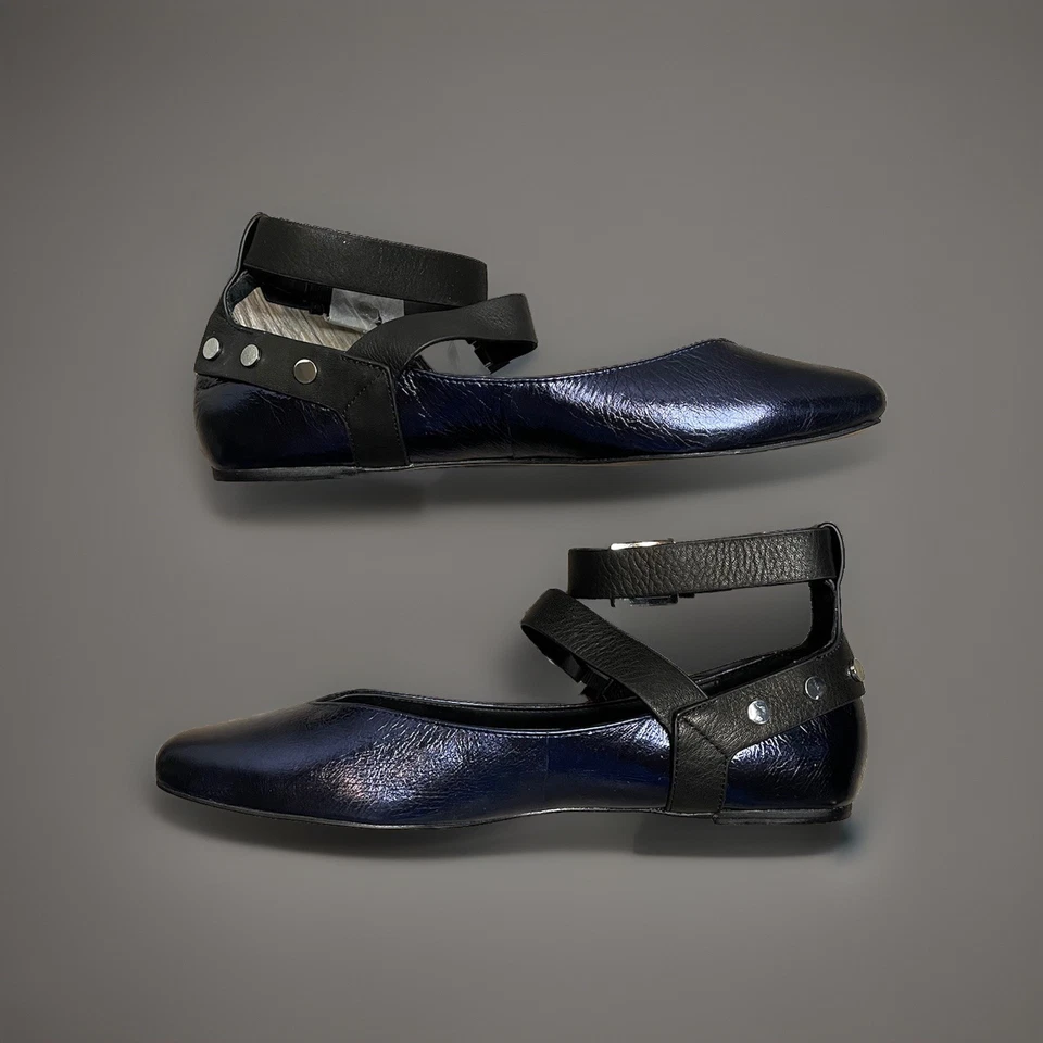 全新 Rebecca Minkoff Vivica 金属色海军蓝皮革耳钉 踝带 芭蕾 150 美元 — 第 4/4 张图片