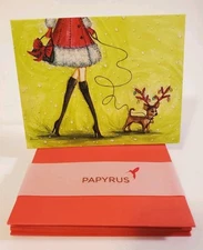 Papyrus Christmas Note Cards Girl Walking Reindeer 13 Cards, Envelopes & Seals