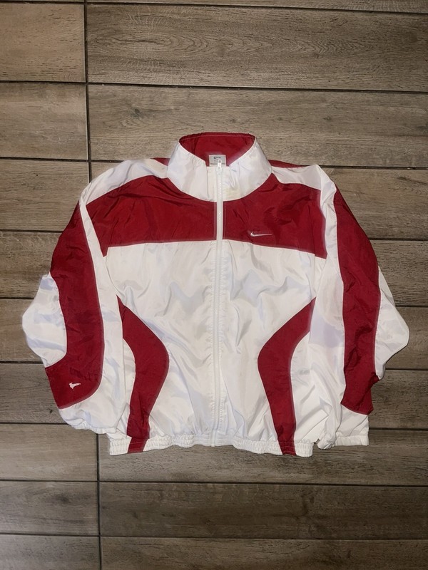 Vintage Nike Silver Label "Swoosh" Zippered size L Lightweight Jacket WHITE RED