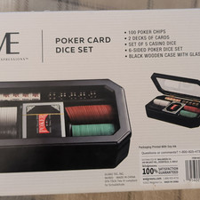 Expressions Poker Card Dice Set w/ 200 Chips, 2 Decks, 6 Dice, Wood Case