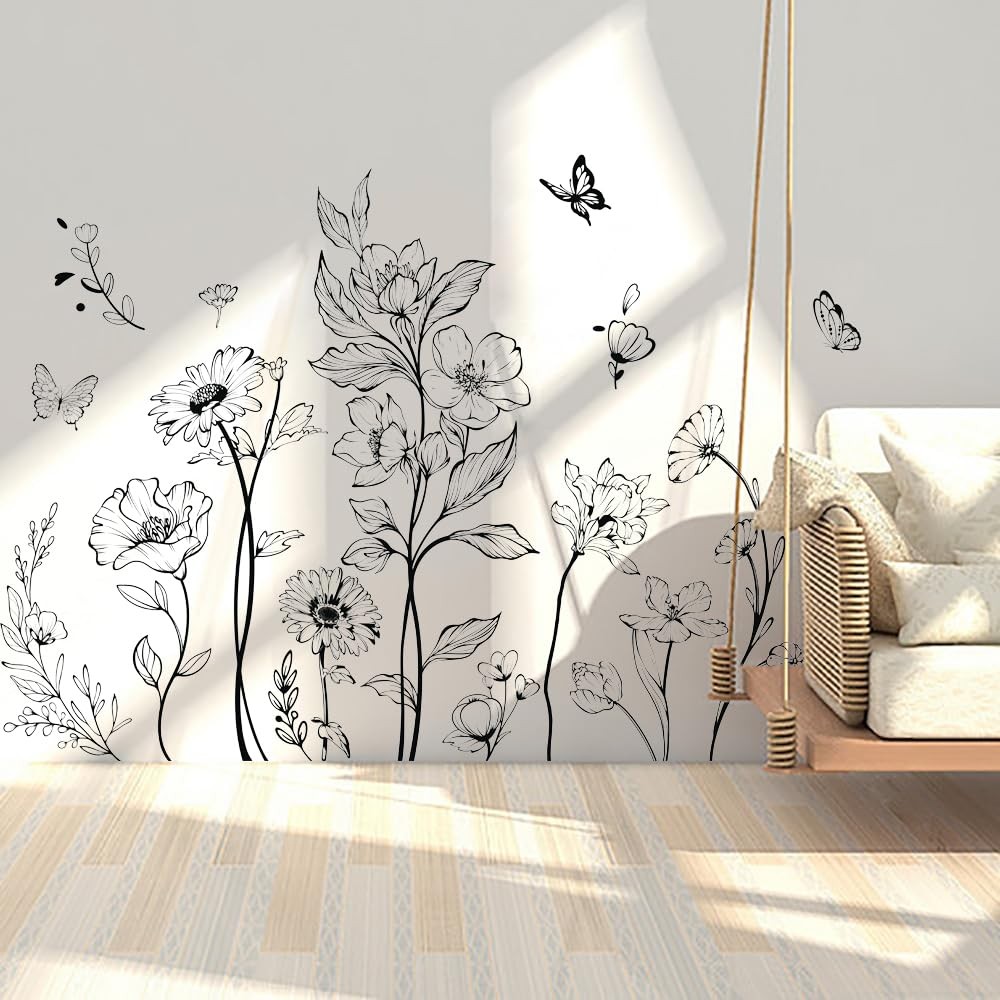 Stickers muraux fleurs noires autocollant mural repositionnable et lavable en vinyle mat
