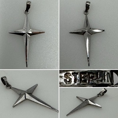 Sterling Silver 925 Cross Star Pendant Necklace Charm VTG Small Beveled Pointed