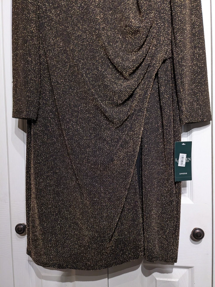 Lauren Ralph Lauren Dress Womens 14 Black Gold Metallic Ruched Long Sleeve NWT - Image 3 of 4