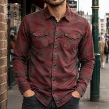 AllSaints Mens Pearl Snap "Coyote" Plaid Western Shirt Red Black Vintage Slim