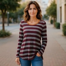 Signature Studio Knit Striped Top Women XL Long Sleeve Burgundy Gray Tunic