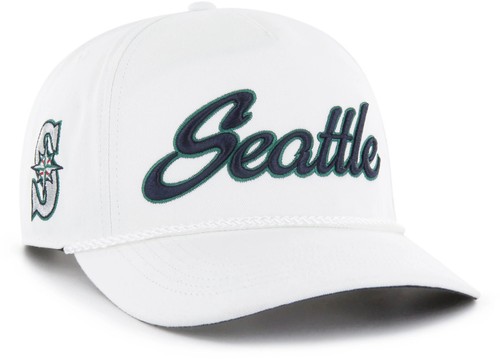 2025 Seattle Mariners 47 Brand Men’s White Overhand Script Hitch Snapback Hat - Picture 2 of 4