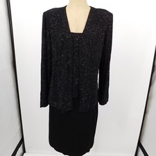 Alex Evenings Women Black Glitter Knee Length Dress Jacket Square Neck Size 14P