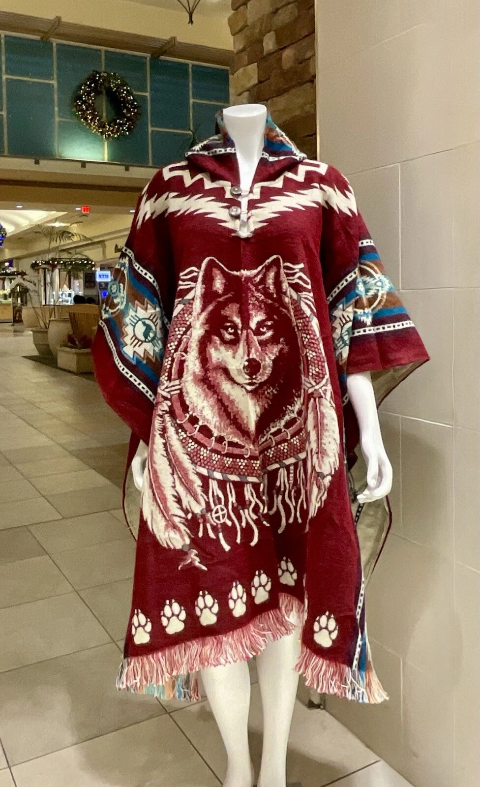 HANDMADE ALPACA PONCHO, DREAMCATCHER WOLF, Red Very Soft & Warm, MADE IN ECUADOR