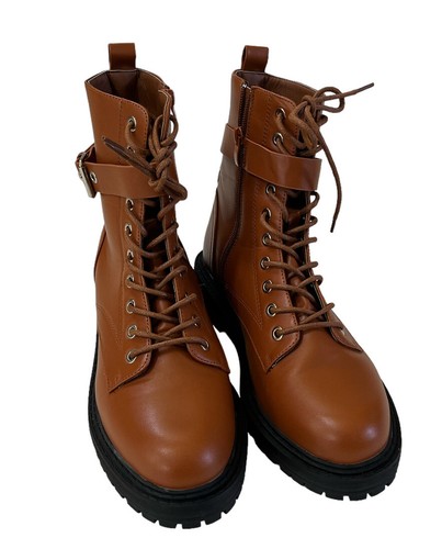 Tinstree Women’s Tan Brown Lace Up Combat Faux Leather Boots Size 9 1/2 Buckle