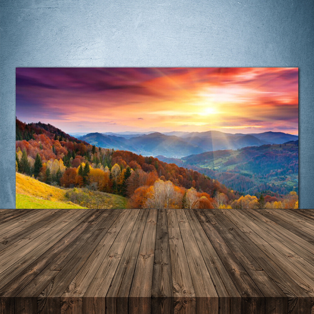 Crédence de cuisine en verre 140x70 cm avec motif paysage de forêt et montagne