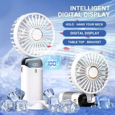 Powerful Folding Hand Fan White w/Digital Display,5 Speeds,USB Rechargeable