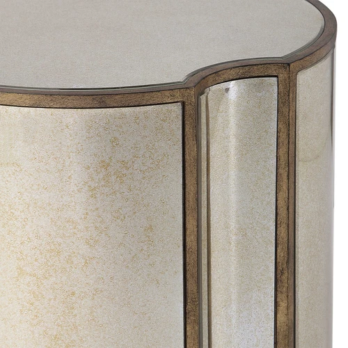 HARLOW MID CENTURY MODERN ANTIQUED CURVED MIRROR & METAL END ACCENT TABLE  24888 - Picture 2 of 4
