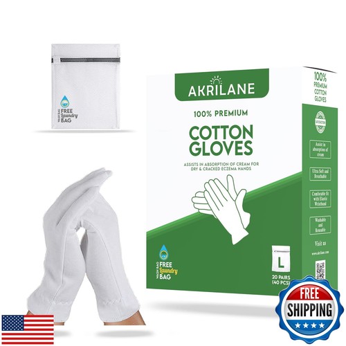 L Large 20 Pairs 100% Premium Cotton Gloves for Dry Hands | Moisturizing Over