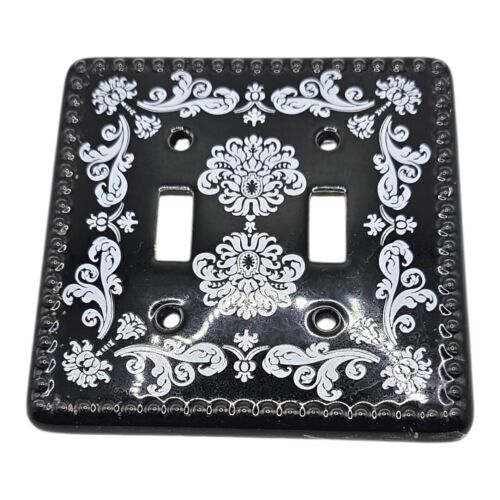 Double Light Switch Plate Cover Black Filigree Print Hobnail Textured Ceramic