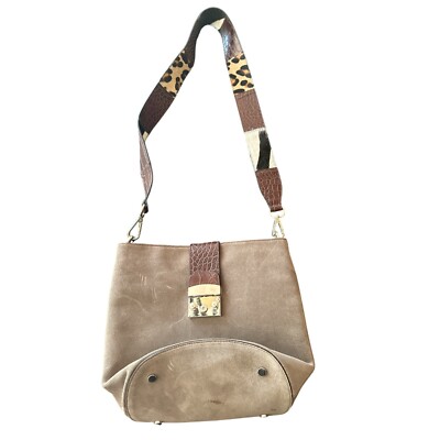 Claudia Firenze Taupe Suede Crossbody Bag With Calf Hair Animal Print Strap